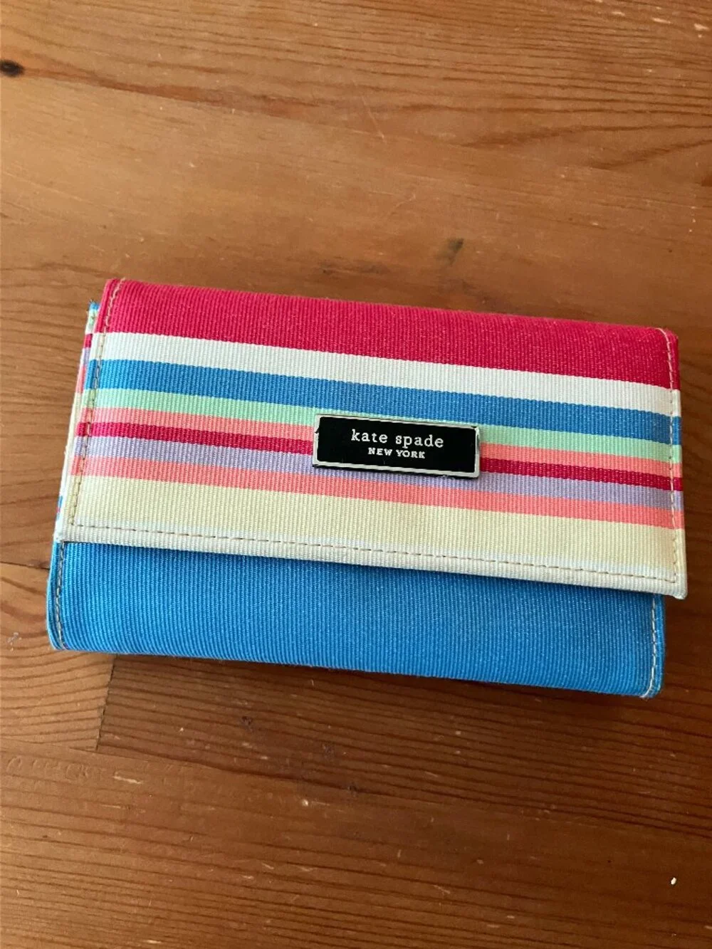 Kate Spaid New York wallet trifold canvas colorful striped metal brand logo6x4x1